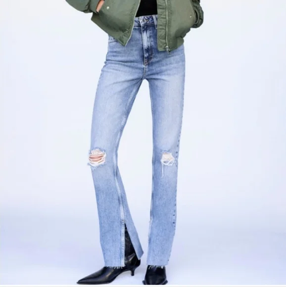 Zara high rise slim flare full length split jeans size 00